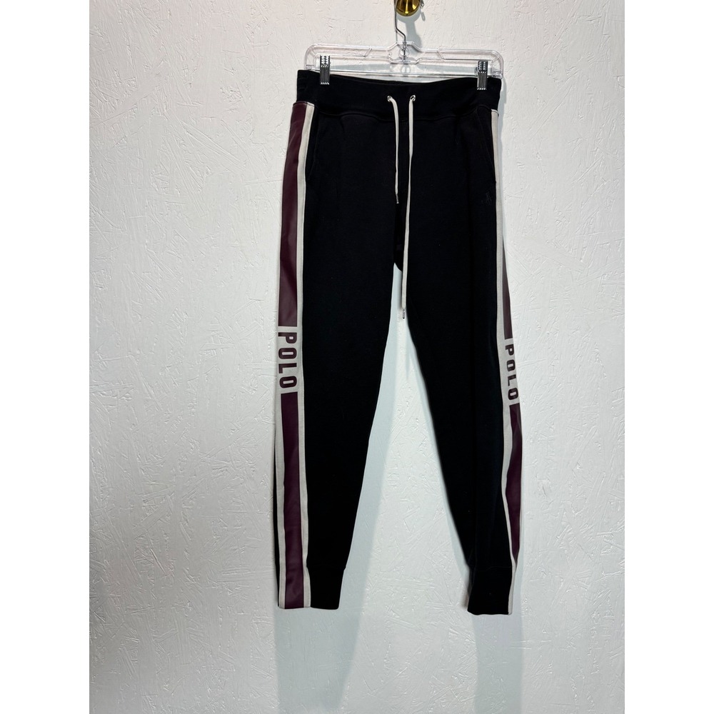Polo Ralph Lauren Womens Side Logo Stripe Joggers Black Burgundy Track Pants S